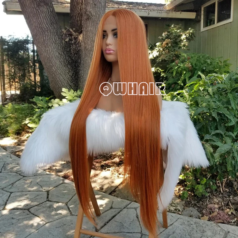 QW Synthetic Hair  Straight Ginger Orange 13X4 Soft  Lace Front Wig For Women Hair Heat Resistant Fiber Cosplay  Daily