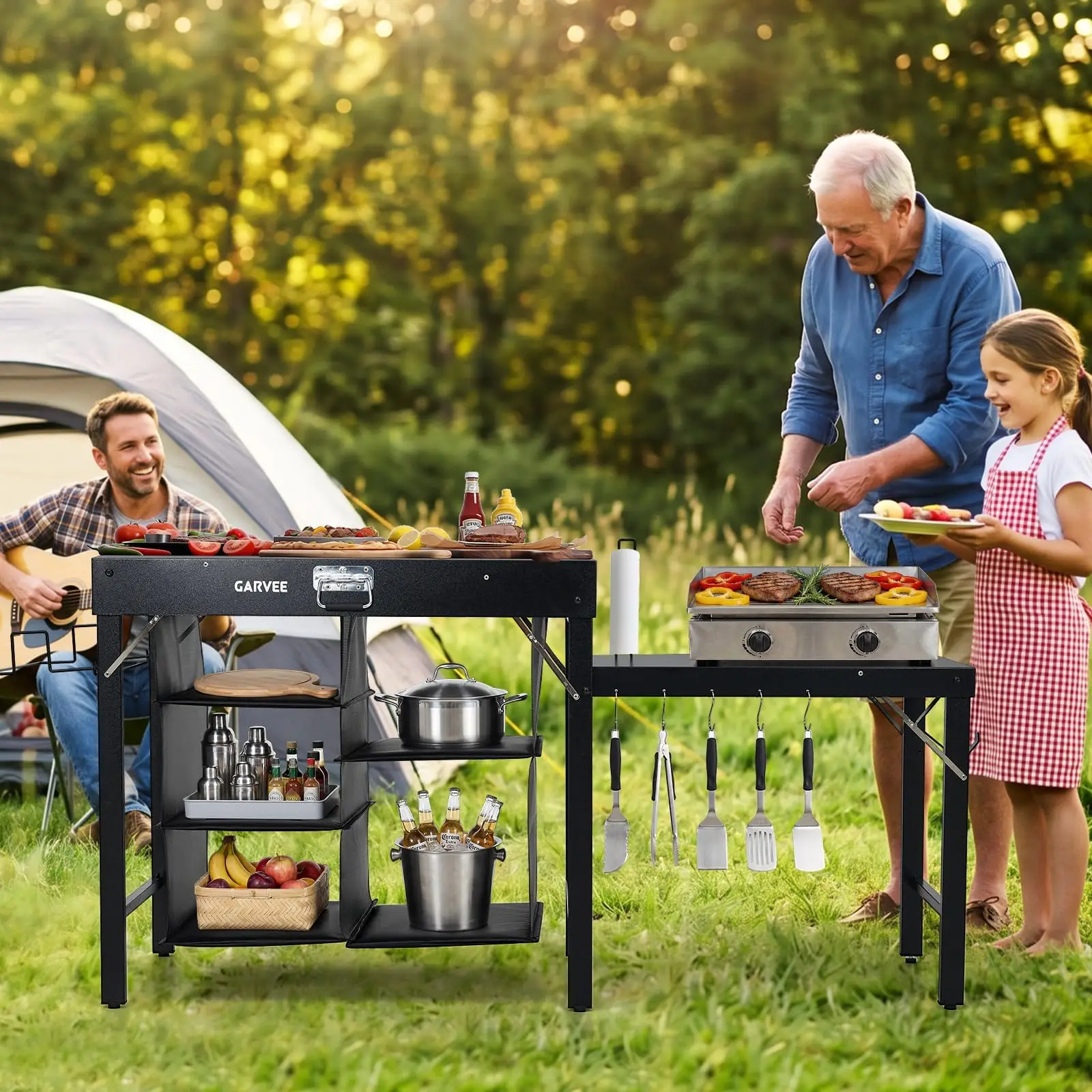 Zusammenklappbarer Grilltisch für Outdoor-Kochen, robuster Metall-Picknicktisch mit ausziehbarem Seitenregal und Stauraum unter dem Regal, tragbarer Grillwagen.