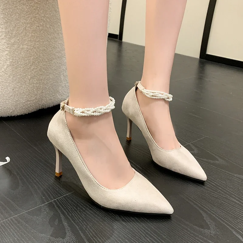 2024 New Fashion Solid Color Pointed Toe Buckle Stiletto High Heels Women's Spring Slip-on Versatile Young Fashion Trend