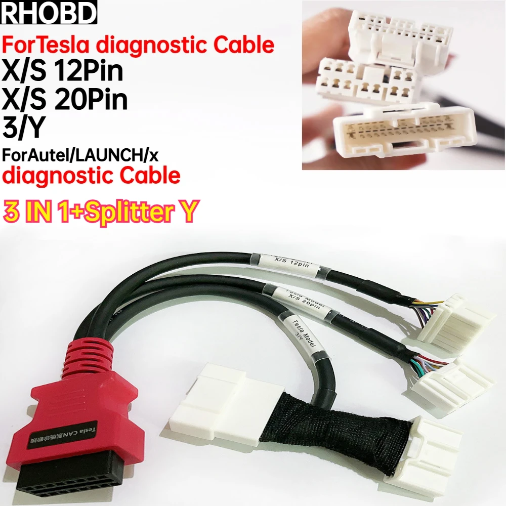 NEWBest for Tesla CAN Bus Diagnostic Cable 1-to-3 Splitter - OEM for Autel/LAUNCH/xTool EV Scan Tools for X/S 12Pin X/S20Pin 3/Y