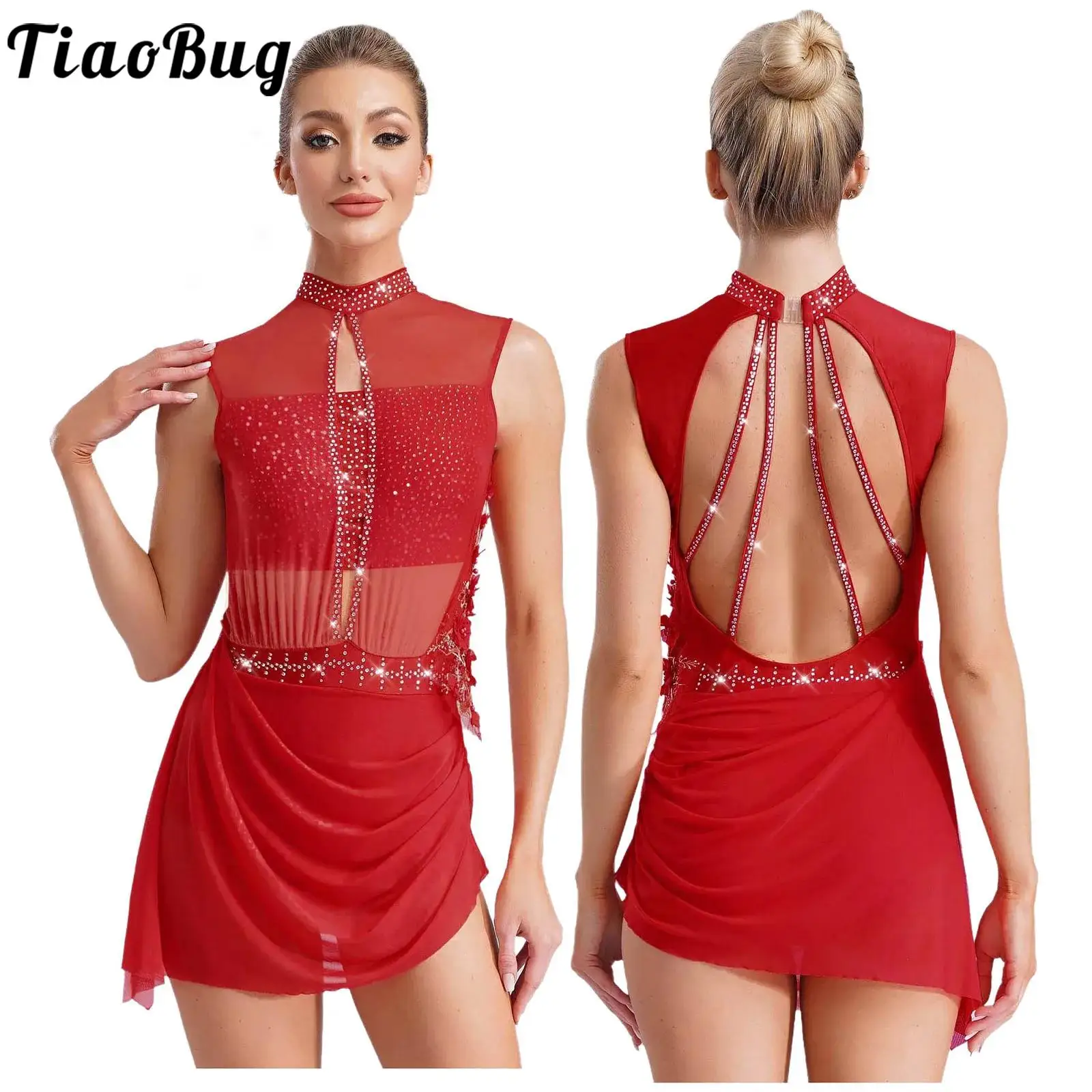 

Women Lyrical Dance Dress Ballet Figure Skating Gymnastics Stage Performance Costume Sleeveless Rhinestones Applique Leotards