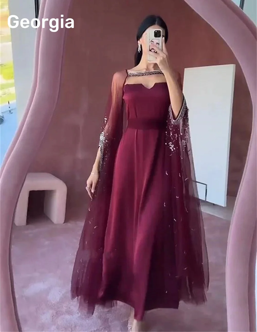 Customized Women Burgunday Evening Dresses With Sleeves Long Square Neck Floor Length Vintage Prom Gowns Formal Occasion Dress