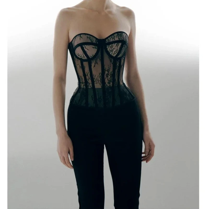 

Breathable Mesh Steel Bone Korset Hollow Out Strapless Lace Bra Bustier Top Lingerie Black White Biege Women Corset