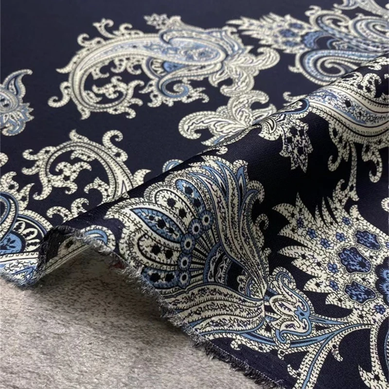 Classic Navy Blue Bottom Cashew Flower Twill Stretch Silk Fabric Grade Foreign Style Shirt Natural Designer Clothing Fabric Diy