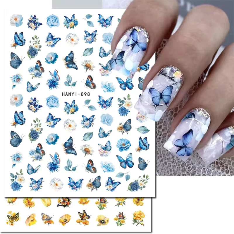 12Pcs 3d Nail art Stickers Spring Blue White Blossom Flowers Blue Yellow Butterflys Decals For Nail Decorations Manicures Beauty
