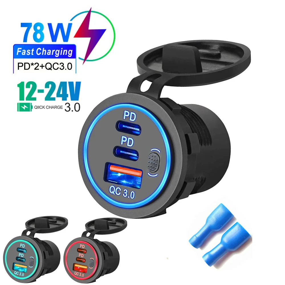 Dual PD QC3.0 Port USB Auto Ladegerät Adapter mit Schalter Wasserdicht Modifiziertes Auto Ladegerät ABS Telefon Ladegerät für Lkw Schiff 12V-24V