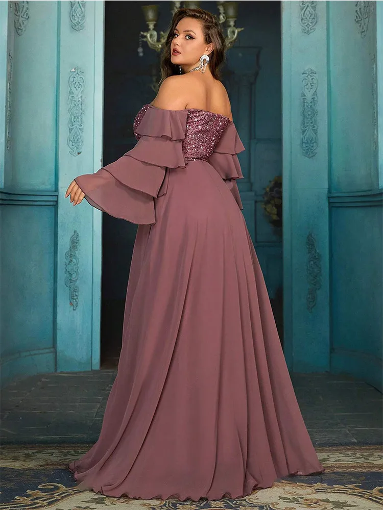 Plus Size Off Shoulder Chiffon Sparkling Evening Gown 4XL 5XL Big Size Chiffon Floor Standing Evening Gown for Women 2024