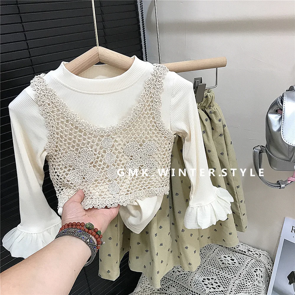 Spring Autumn Children Girl 3PCS Clothes Set Lace Hollow Vest Solid Floral Cuff Undershirt Suit Dot Print Corduroy Dress Outfits