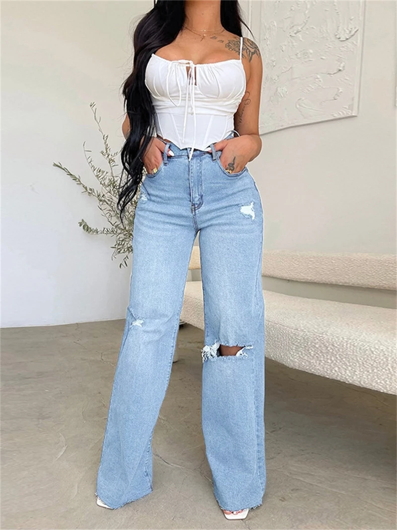 Streetwear zgrywanie spodnie dżinsowe letnia odzież damska wysokiej talii spodnie z prostymi nogawkami dżinsy Casual Dialy podstawowe złamane spodnie dżinsowe