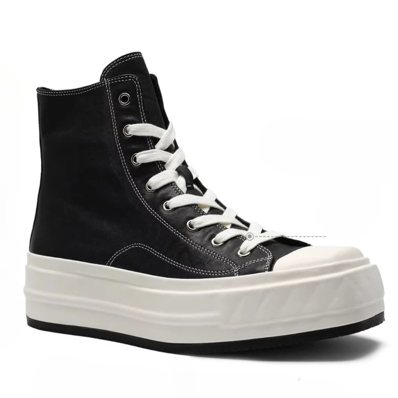 Horseskin Square Head Casual Board Shoes for Men's Horsehide Sewing High Top Shoes Breathable Thick Sole Height-increasing Boots