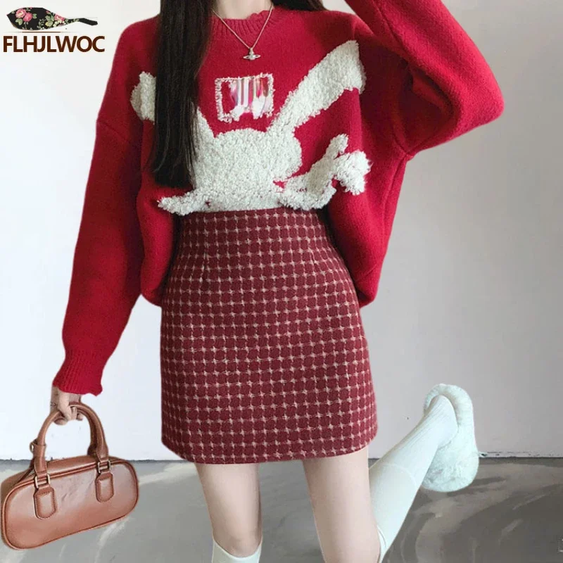 New Year Christmas Hot Sales Woman Red Plaid Skirts FLHJLWOC Design High Waist One-Step Woolen Cloth Cute Mini Skirt