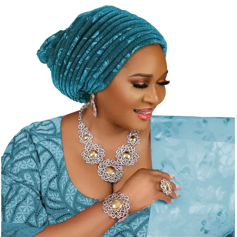 

2026 Glitter Turban Cap for Women Pleated African Auto Gele Headtie Muslim Hat Head Wrap Bonnet Hijab Nigerian Wedding Headgear