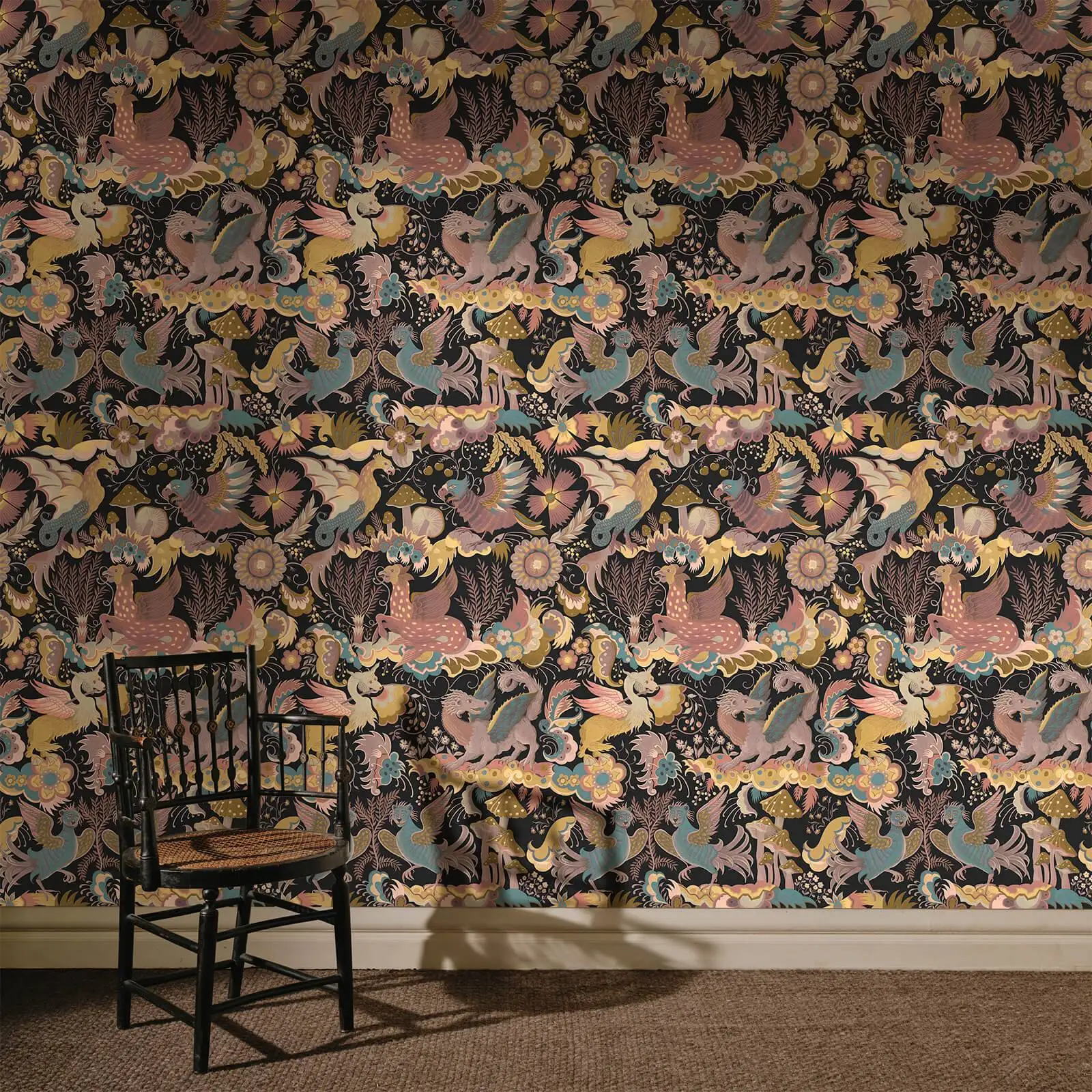 Customized retro fantasy griffin flower wall mural, mythical winged beast mushroom wallpaper, bedroom living room home decoratio