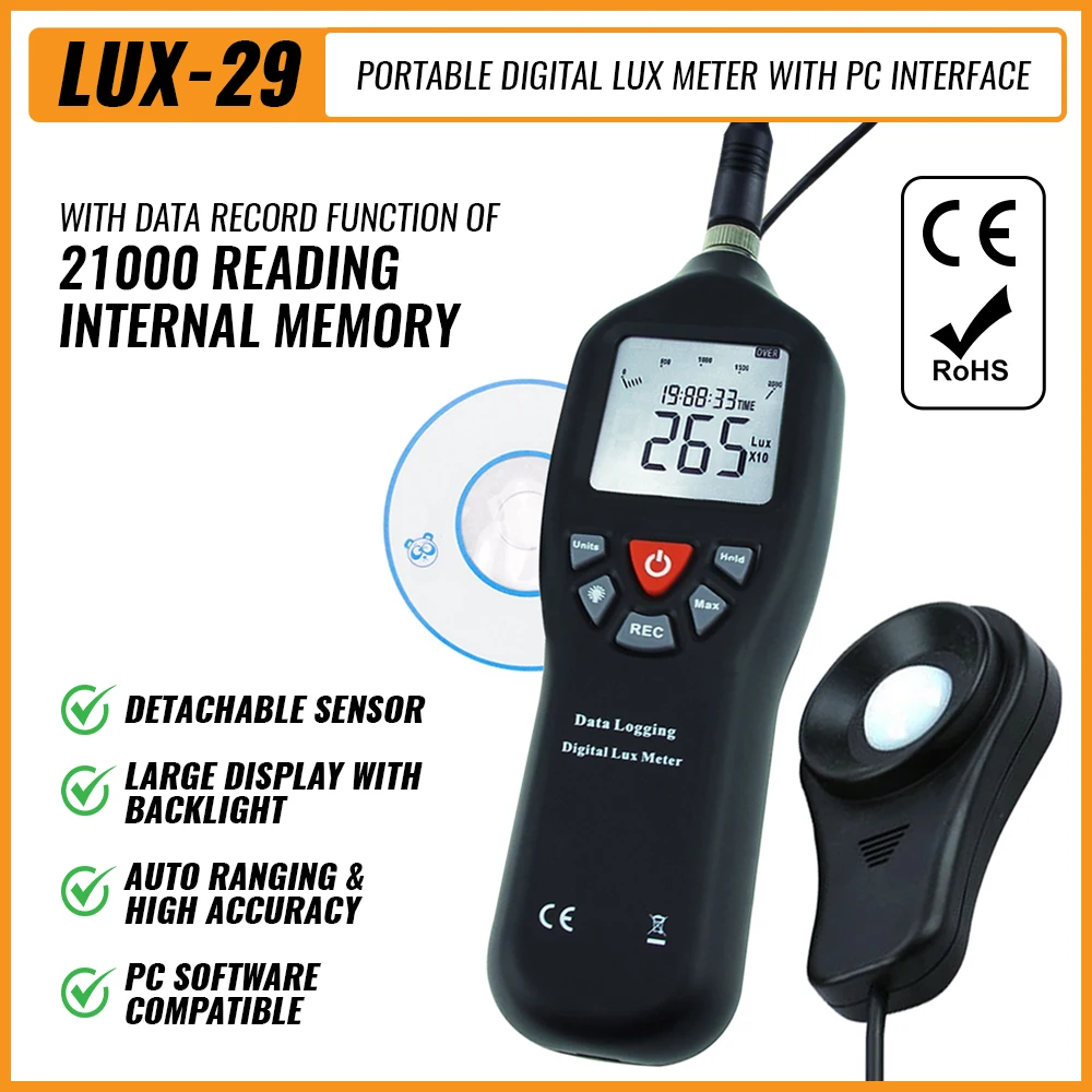 Digital LUX Meter Light Illuminometer Tester with PC Interface 0 ~ 200,000 Lux Range Detachable Sensor Auto Ranging Function