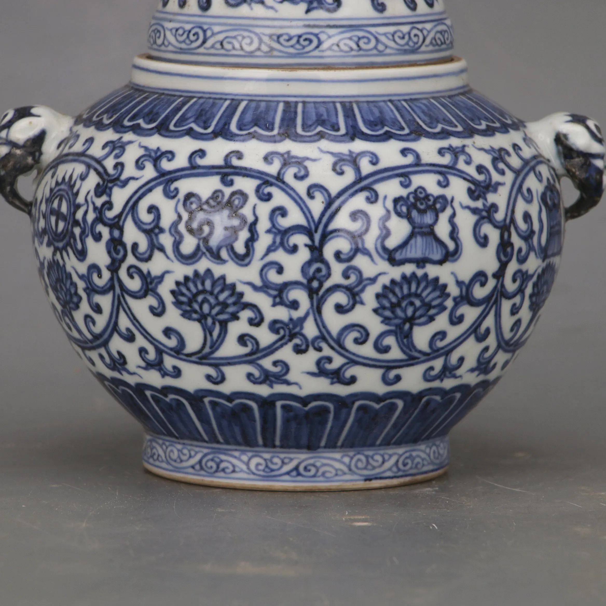 Ming Style Covered Jar Lion Finial Double Handles Scroll Flowers Eight Treasures Chinese Porcelain Home Decor Collectible