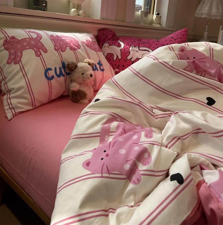

Fashion cute cartoon cat bedding set,twin full queen lovely sweet red pink cotton home textile bed sheet pillow case quilt cover