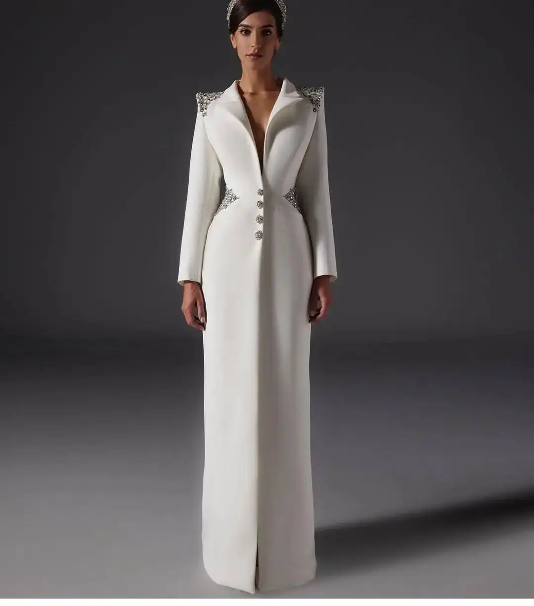 

Customized Formal Jersey Straight Crystal Buttons Evening Dress Temperament Long Sleeves V-Neck Floor Length Celebrity Gowns