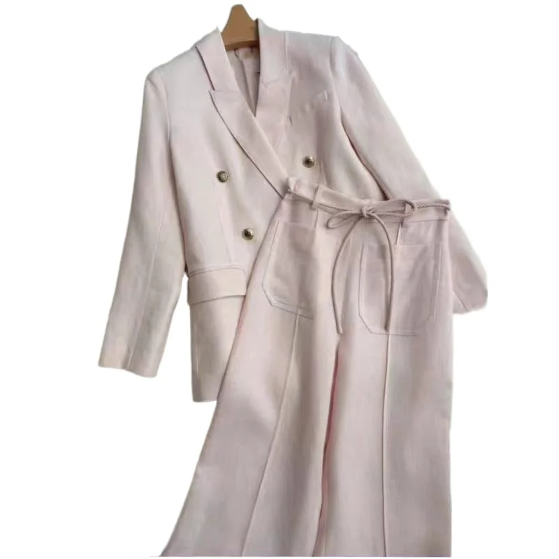 

2025 High Quality Pink Hardware Button Horn Button Blazer Tops and Pants Sets Linen
