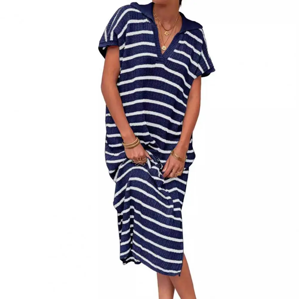 

Short Sleeve Slit Outing Dress Loose Long Dress Striped V Neck Midi Dress for Women Summer Pullover with Split Hem for Wear