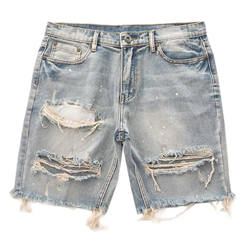 2024 Trendy brand Y2K retro ripped shorts men's large size European and American VTG distressed raw edge beggar denim shorts