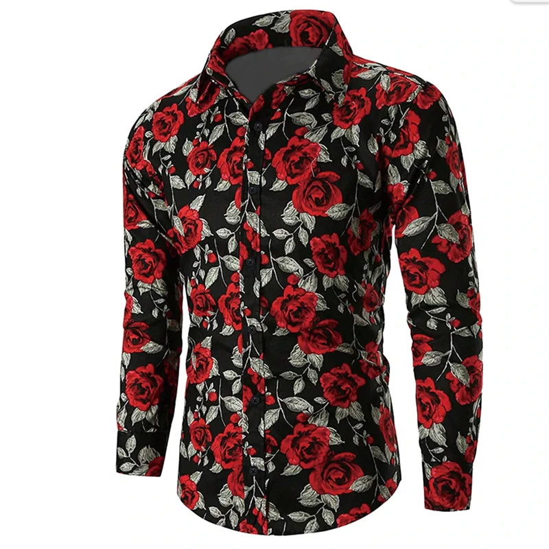 

Valentine's Day Pattern Rose Novelty Men's Long Sleeve Shirt Holiday Fashion Casual Daily Unisex Shirt Lapel Men's Clothing