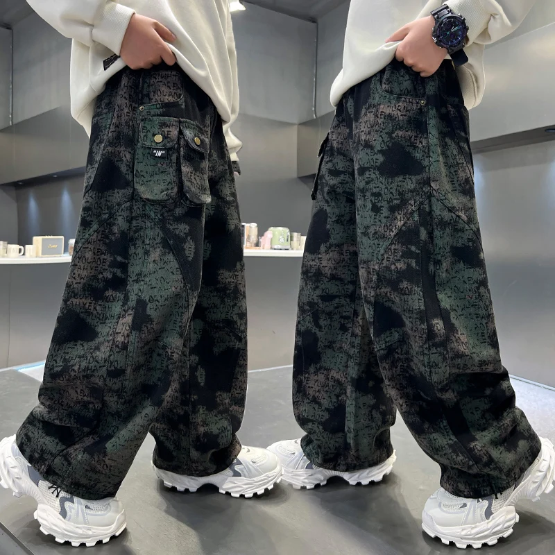

New Autumn Children Casual Camouflage Cargo Pants for Teen Boys Cool Sweatpants Tween Kids Loose Straight Street Trousers 5-14 Y