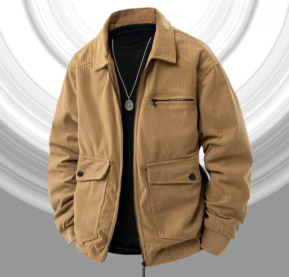 เสื้อแจ็คเก็ตคอปกผ้าลูกฟูกสไตล์วินเทจอเมริกันสำหรับผู้ชาย ฤดูใบไม้ผลิ ฤดูใบไม้ร่วง เรียบง่าย อเนกประสงค์ เหมาะสำหรับใส่ทำงาน เสื้อโค้ทมีปก เสื้อทำงาน