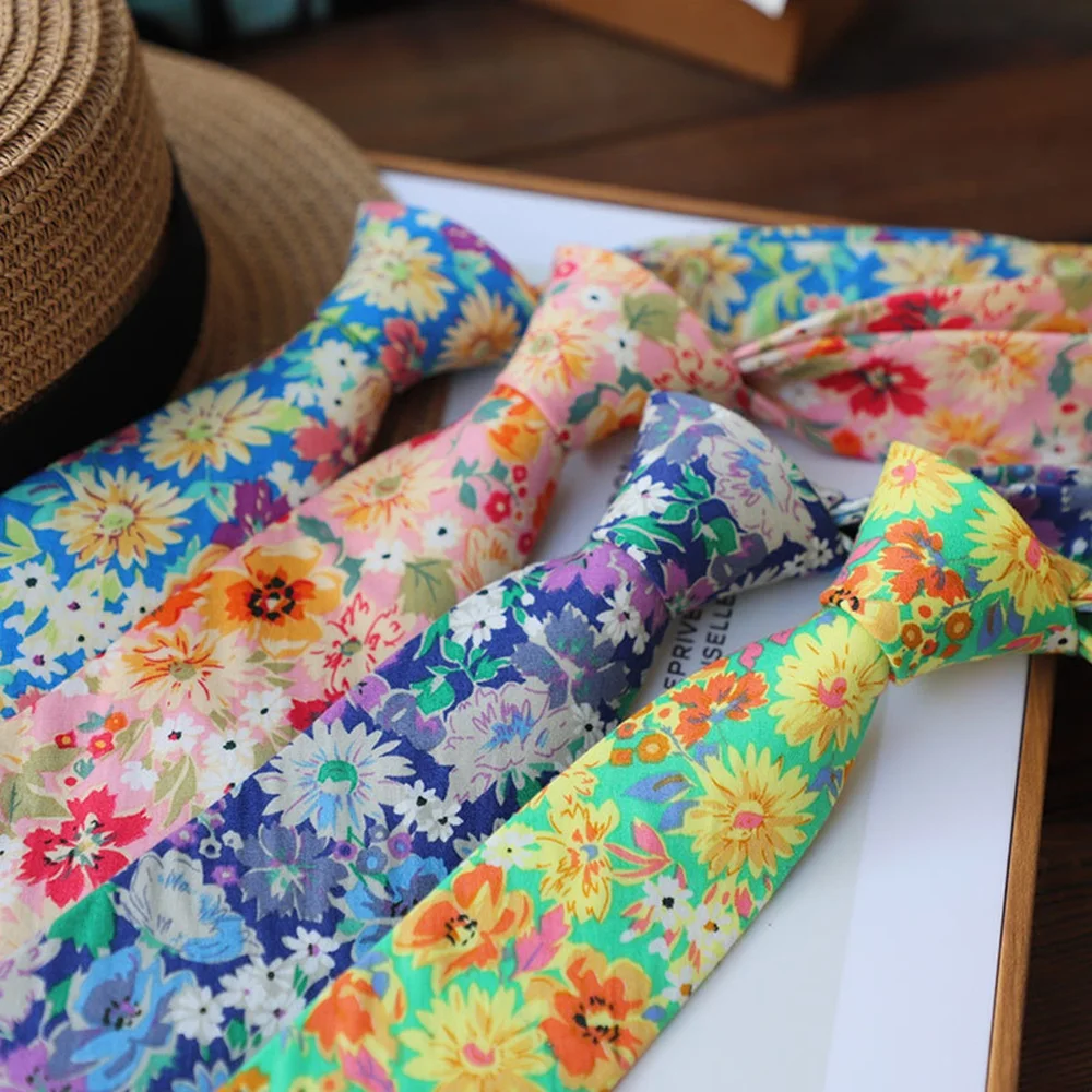 

Новый галстук с цветочным принтом для мужчин и женщин, 100% хлопок, цветок, 7 см, элегантный галстук, фиолетовая лилия долины, аксессуар для свадебного галстука с ромашкой