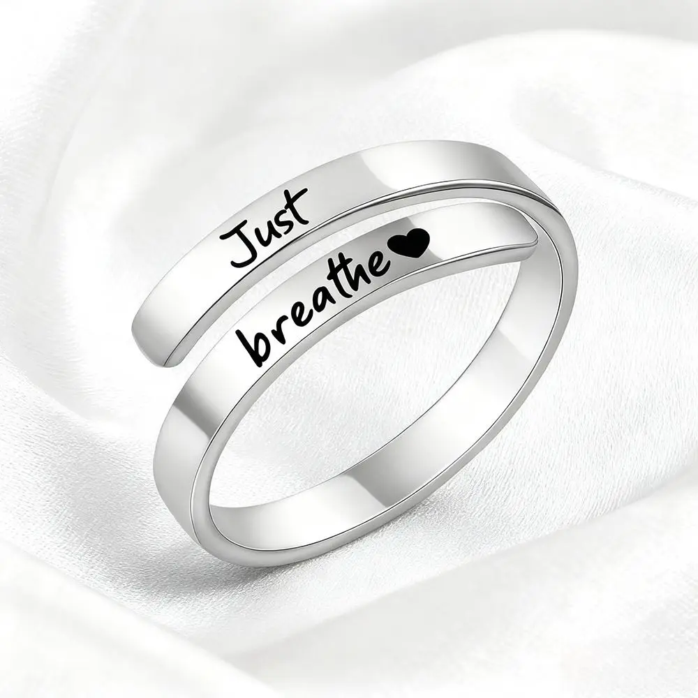 Stainless Steel Just Breathe Ring Chic Geometric Minimalist Letter Spiral Wrap Inspirational Ring Meaningful Gift