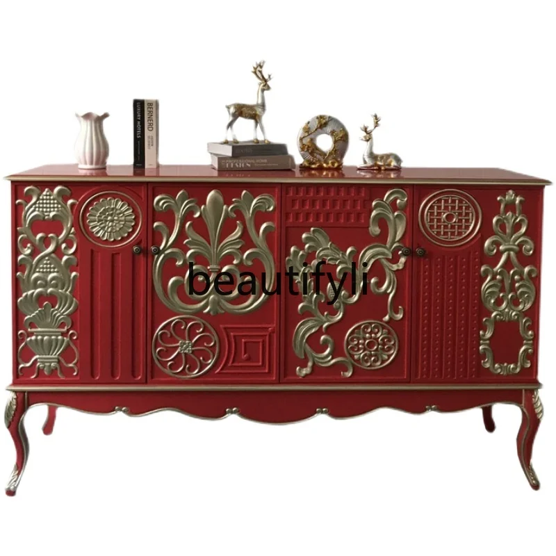 

American light luxury door cabinet neoclassical European solid wood carving flower edge decorative cabinet