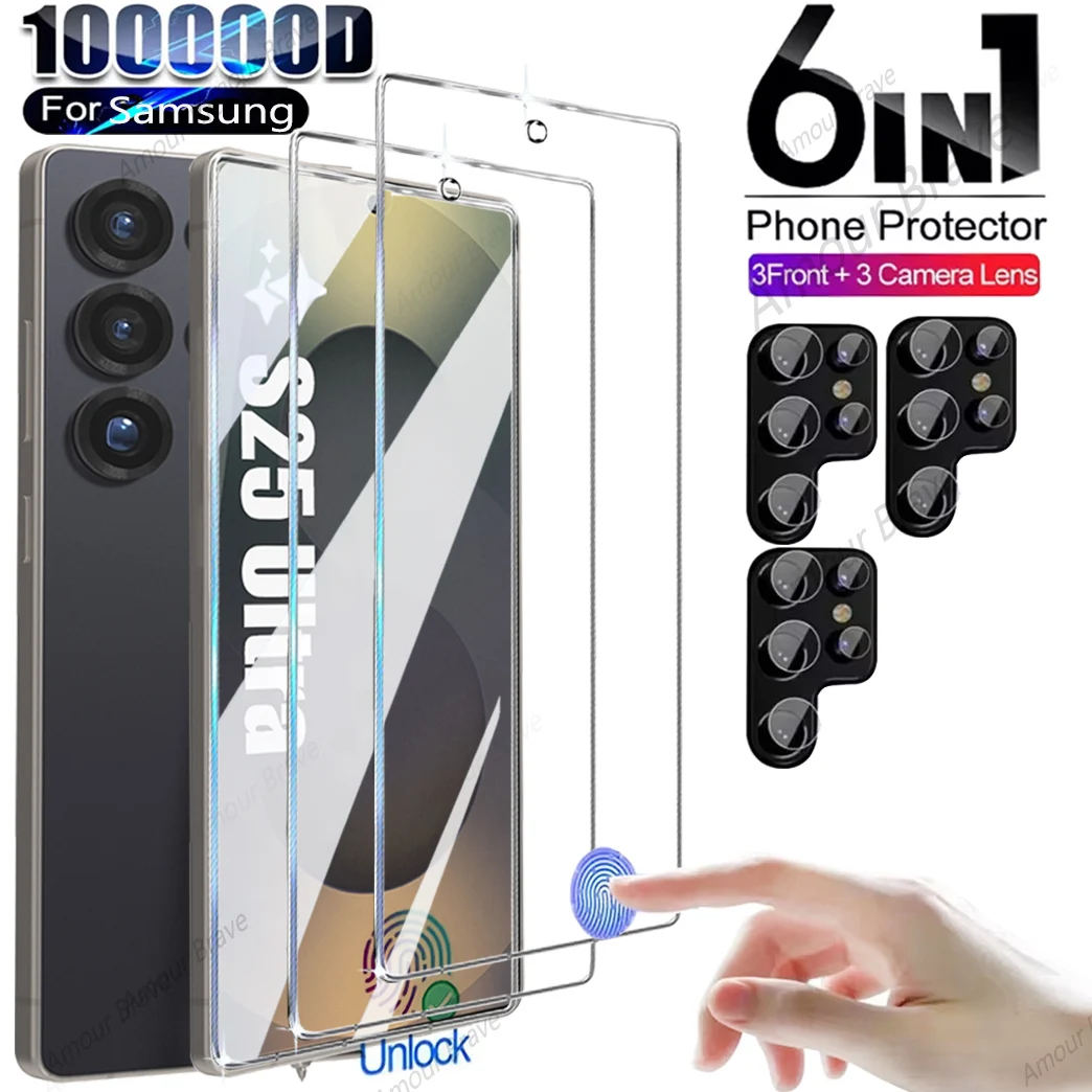 6 IN1 Fingerprint Unlock Glass For Samsung Galaxy S25 Ultra Tempered Film For Samsung S24 S23 S22 S21 Plus Screen Lens Protector