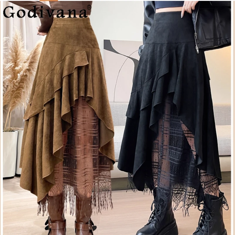 女性秋冬甘いフリルレーススプライシングレジャースカートハイウエスト A ライン不規則な韓国ルーズ多用途ストリートスカート