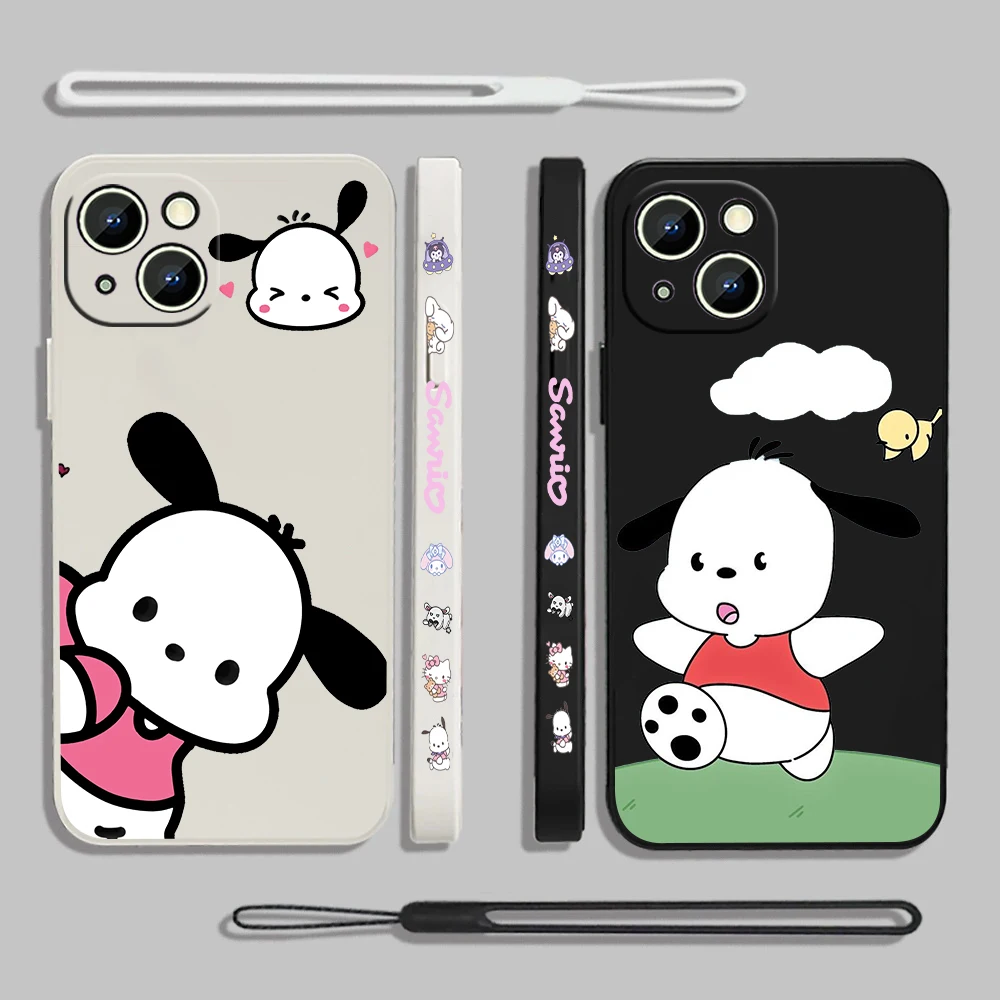 Sanrio Cartoon Pacha Dog Liquid Left Rope For Apple iPhone 15 14 13 12 11 XS XR X 8 7 SE Pro Max Plus Mini Back Phone Case