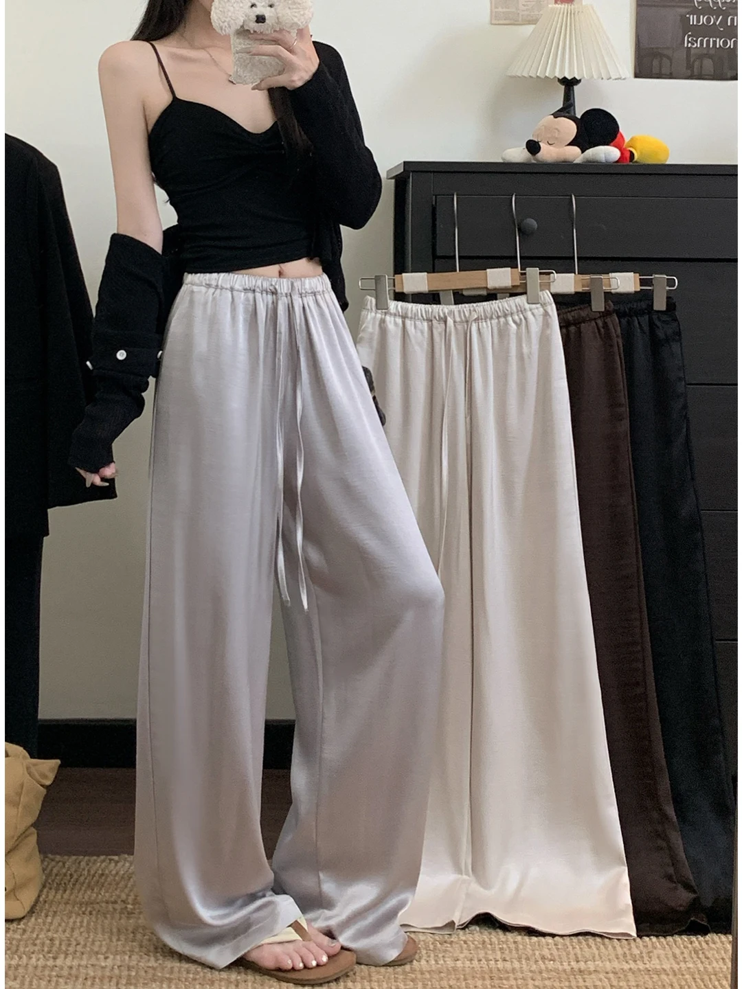 2026 New Korean Style Casual Pure Color Drawstring Smooth Silk Satin Drape Wide Leg Women's Pants High Waist Commute Wind