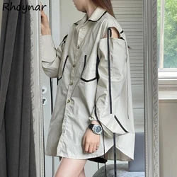 Korean Fashion Shirts for Women Chic Off-shoulder Autumn New Loose Design Lace-up Street Wear Harajuku Female Mid-length Clothes