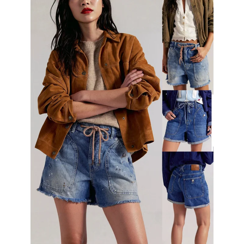 Summer Casual Cowboy Shorts for Women Versatile Flip Leg Double Pocket Drawstring Simple Commuter Style 2026