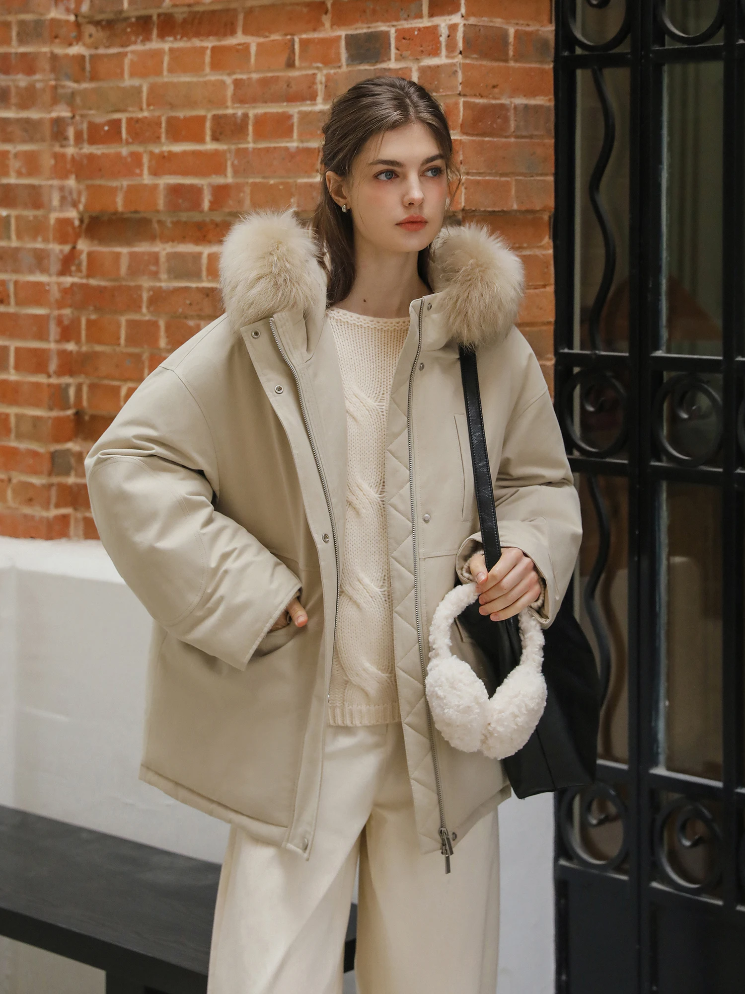 

MELLIIY Retro 2025 Winter Du down Parka Coat Women's Casual Loose Hooded Feather Collar Fce Lined Long Sve Warm Jaet