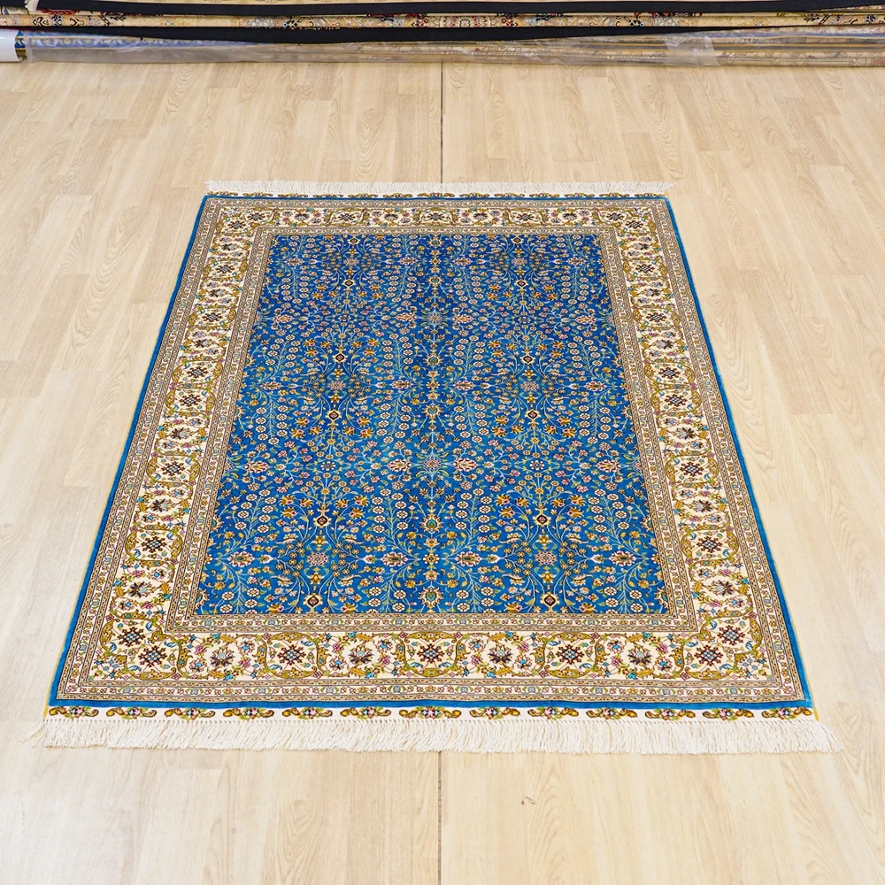 122x183cm Hereke Silk Carpet Blue Handmade Exquisite Hand Knotted Silk Rug