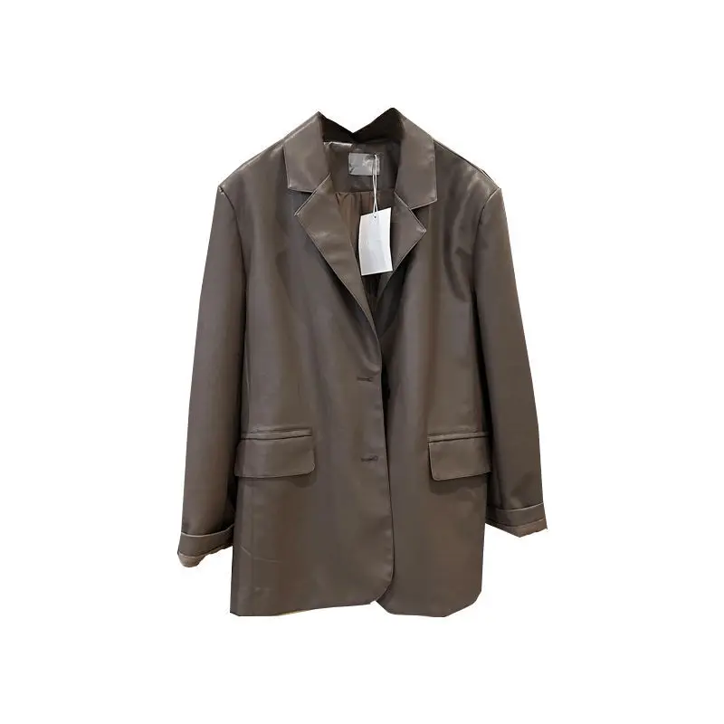 

Korean Fashion 2025 Autumn New Coat Loose and Versatile Flip Collar Medium To Long PU Leather Suit Jacket Female Clothing