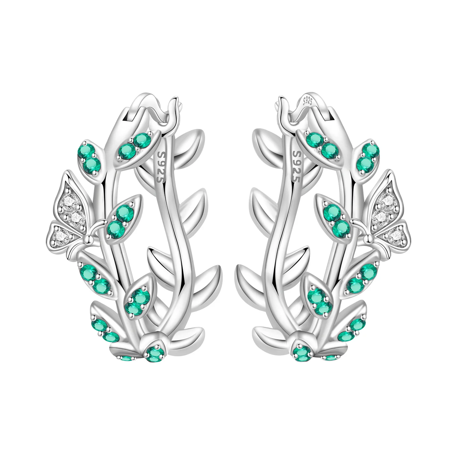 CYCUFF S925 Sterling Silber Schmetterlingsblatt-Ohrringe mit grünem Zirkon, Creolen für Damen, Schmuck, originelle, trendige Geschenke zum Jahrestag