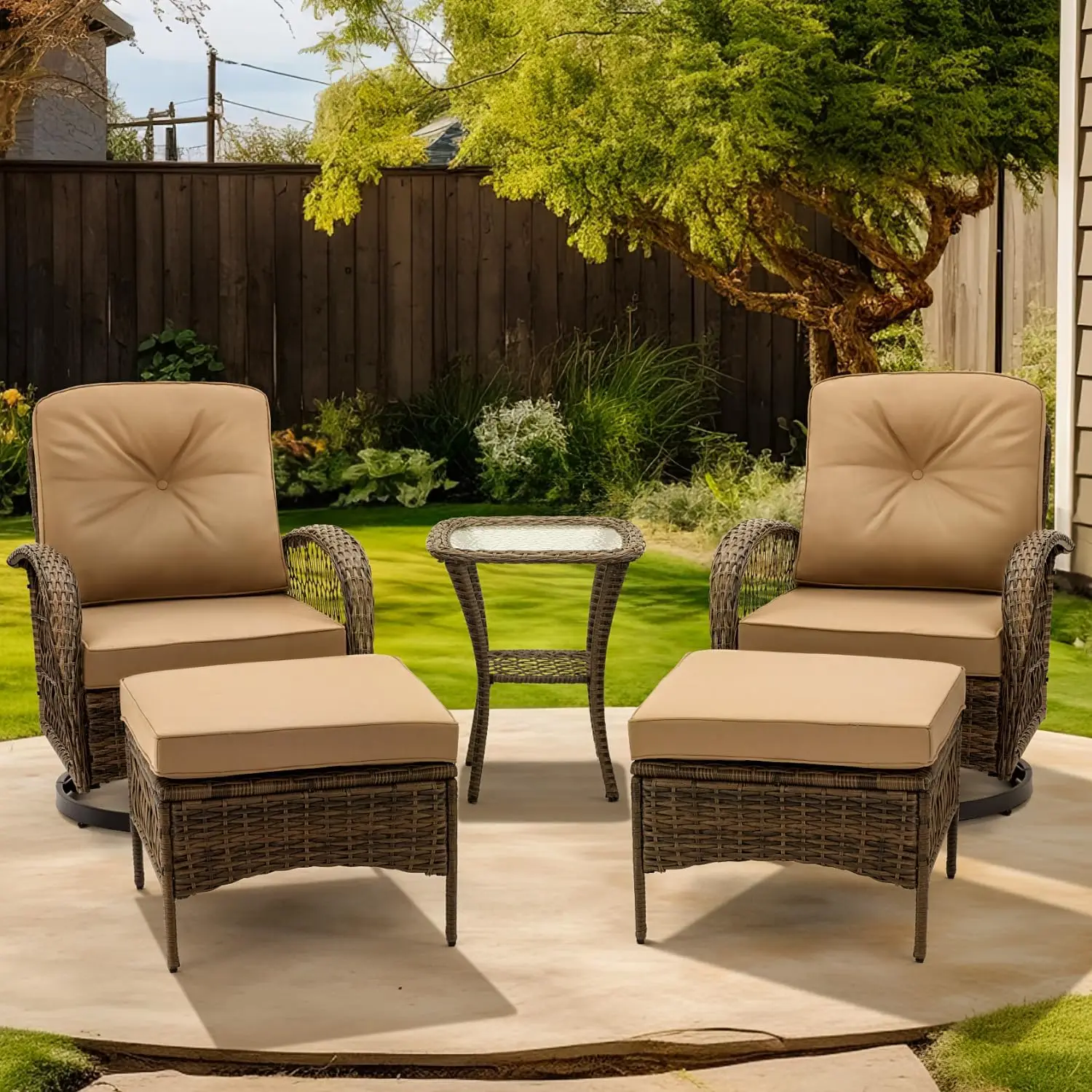 

Outdoor Swivel Rocker Patio Chairs, 360 Degree Rocking Patio Conversation Set w/ Thickened Cushions, Coffee Table & Ottomans