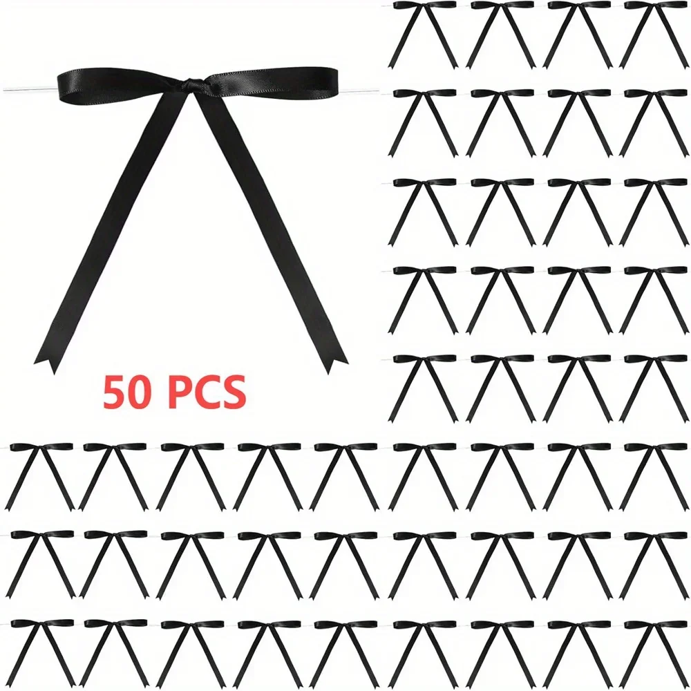 50pcs/pack Twist Tie Satin Ribbon Bows for Gift Wrapping Cake Treats Craft DIY Weddings Showers Birthdays - Assorted Colors