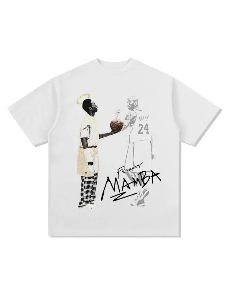 Offwhite Front Print Retro Basketball Legend Dual Figure Halo Jersey Number Mamba Text Loose Oversized Cotton Street Top