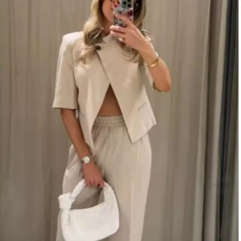 Women's Linen Short Blazer New 2026 Spring Summer High-Neck Short Sleeve with Shoulder Pads Simple Women Coat Female Chic Tops