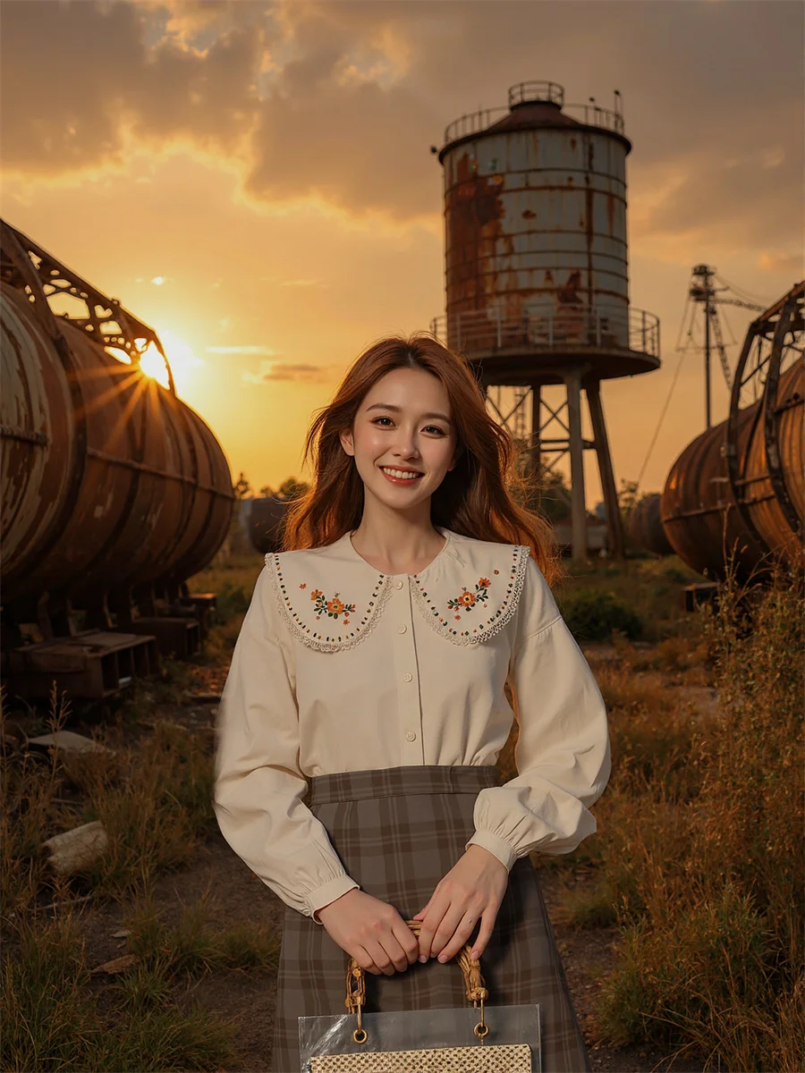 Langarm-Damen-Hemden mit Stickerei, Karomuster, bedruckt, Knopfleiste vorne, lässiger Stil, Preppy, College, schlicht, Basic, süße Baumwolle