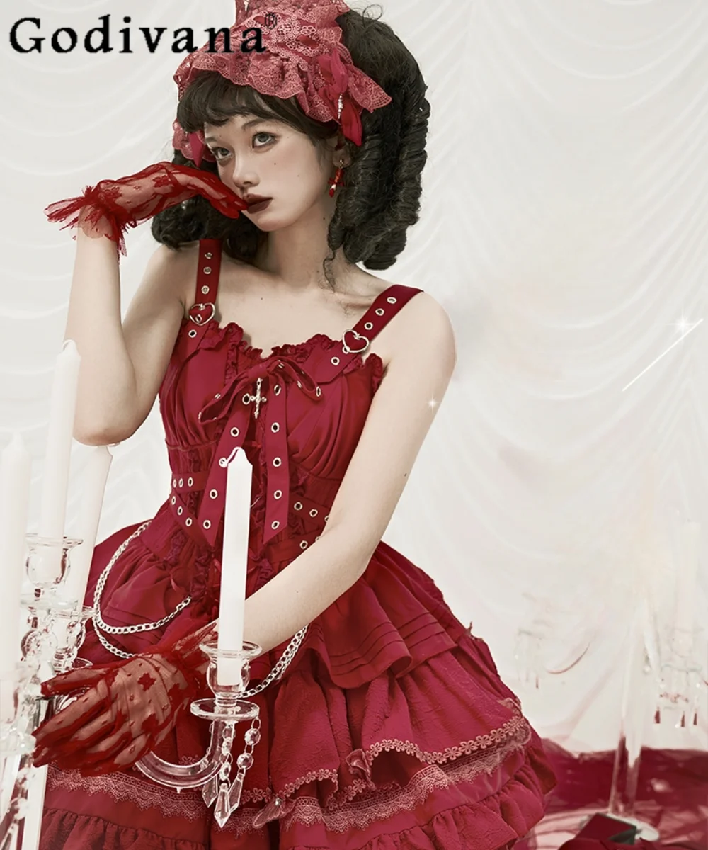 

Original Bow Lace Ruffles Lolita Red Jsk 2024 Summer New Fashion Gothic High Waist Slim-Fit Elegant Dress Women Party Dresses