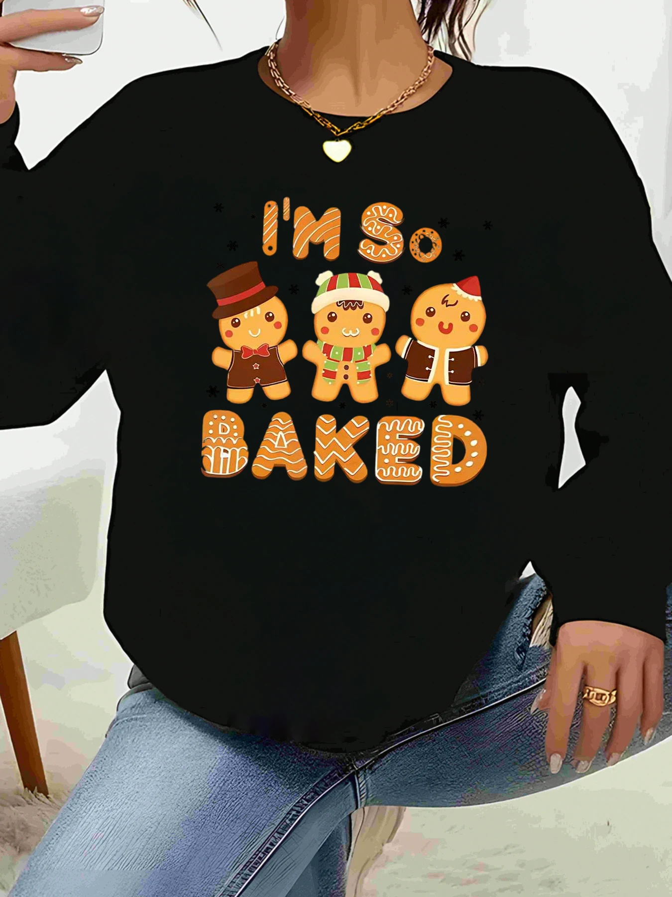 

Пряничный человечек с принтом «Я такой запеченный рождественский свитер с длинными рукавами», повседневная праздничная одежда для женщин