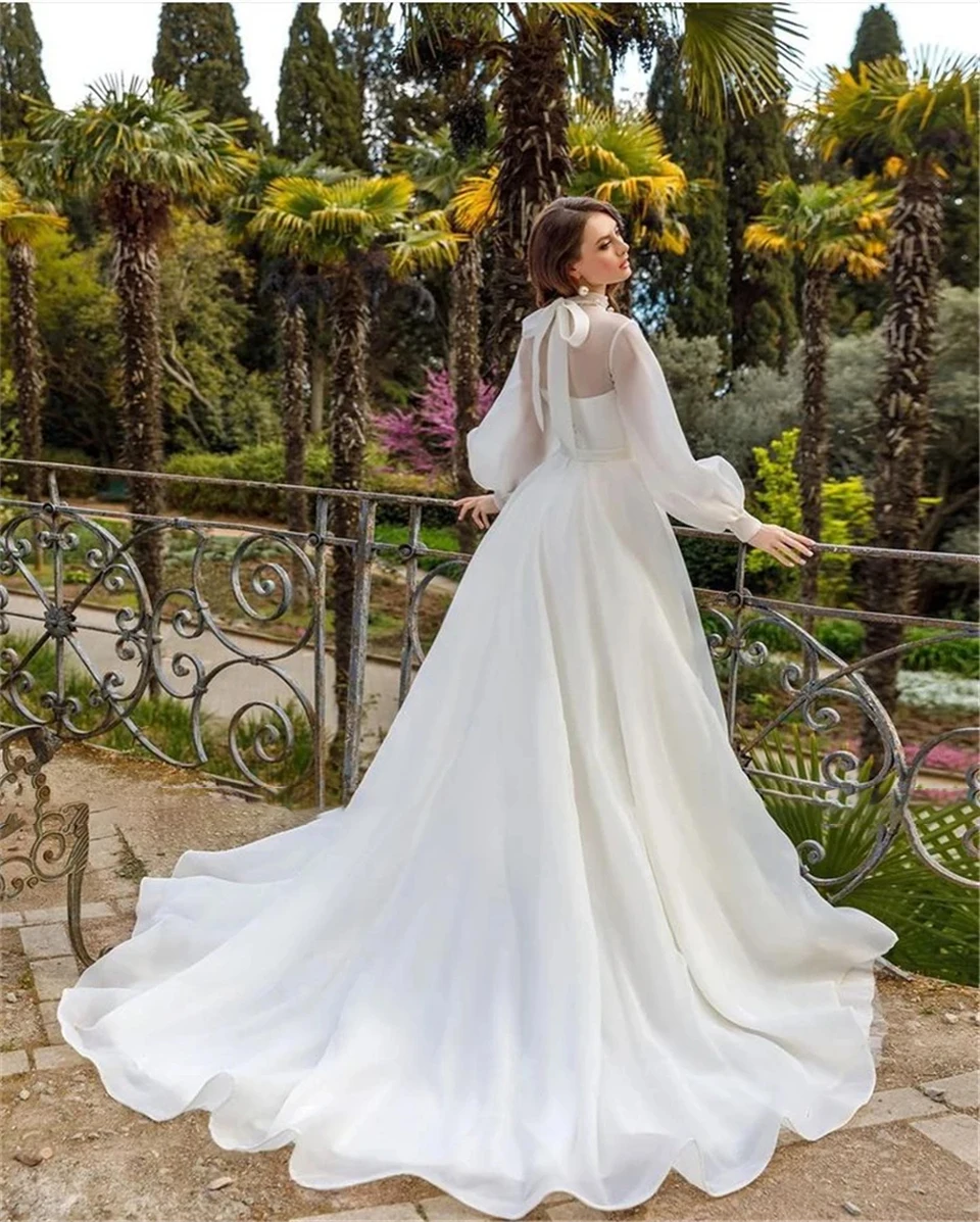 Eleganti abiti da sposa a trapezio con scollo alto e maniche lunghe in cassettiera 2024 abiti da sposa con lunghezza del pavimento del treno della corte Vestido De Noiva