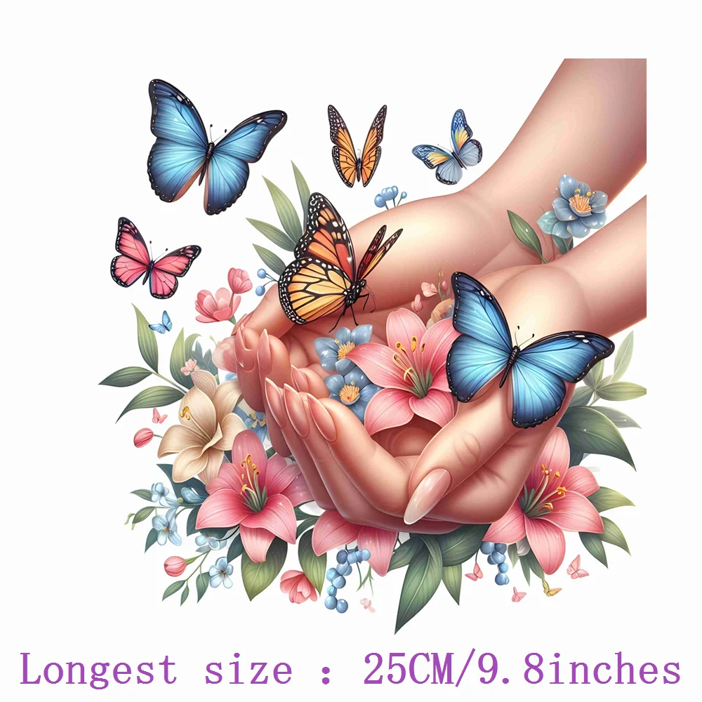 25cm Butterfly Flower Hands Ironing Heat Thermal Transfer Sticker Fusible Applique Iron On Thermoadhesive Decal For Clothes