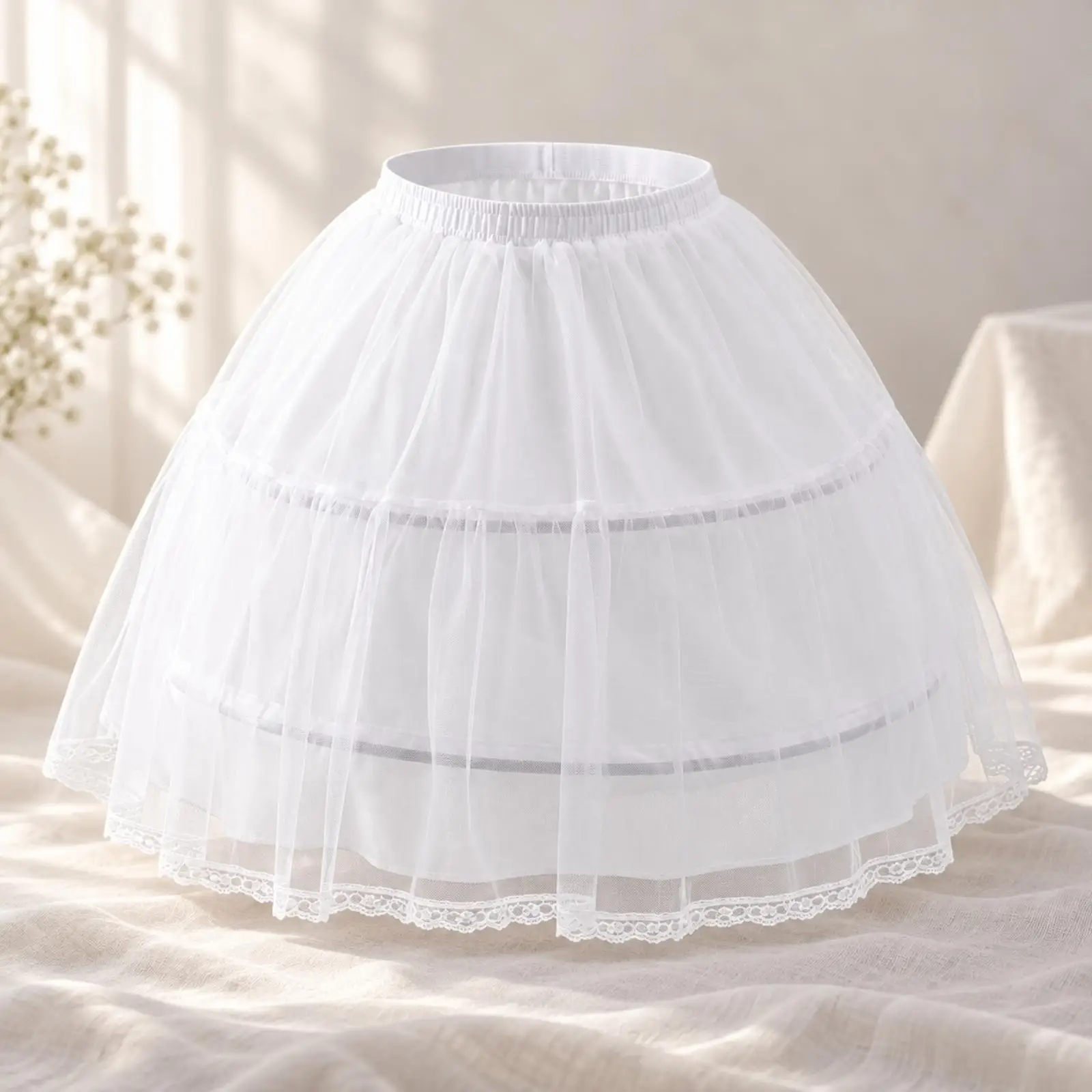Lolita Dress Petticoat 42cm Tulle Underskirt Bell Shape Boned Two Tier with Lace Trim for Cosplay Stage Performance